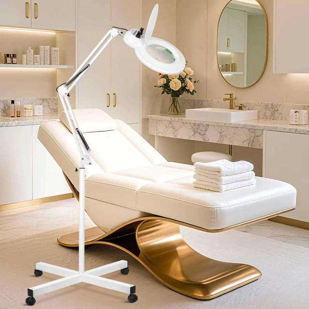 10X Magnifying Glass with Light and Stand, 24W & 2200 Lumens Infinite Warm-Cold Dimming Mag Lamp for Estheticians, 2-in-1 LED Floor Lamp with 4 Wheel Rolling Base for Crafts Reading Facial Nail, White 