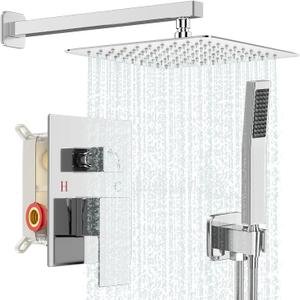 Shower Faucet Set Bathroom Square Rain Shower Head and Handle Set, Wall Mounted Shower Fixtures With Shower Valve and Trim Kit 10 inch Polished Chrome