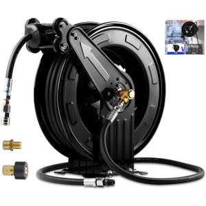 Retractable Hose Reel, Double Arm 3/8 in x 50 ft Heavy Duty Steel Professional Power Wash Hose Reel for Oil/Air/Water 4000 PSI with 5 ft Lead [Pressure cleaning hose not included ]