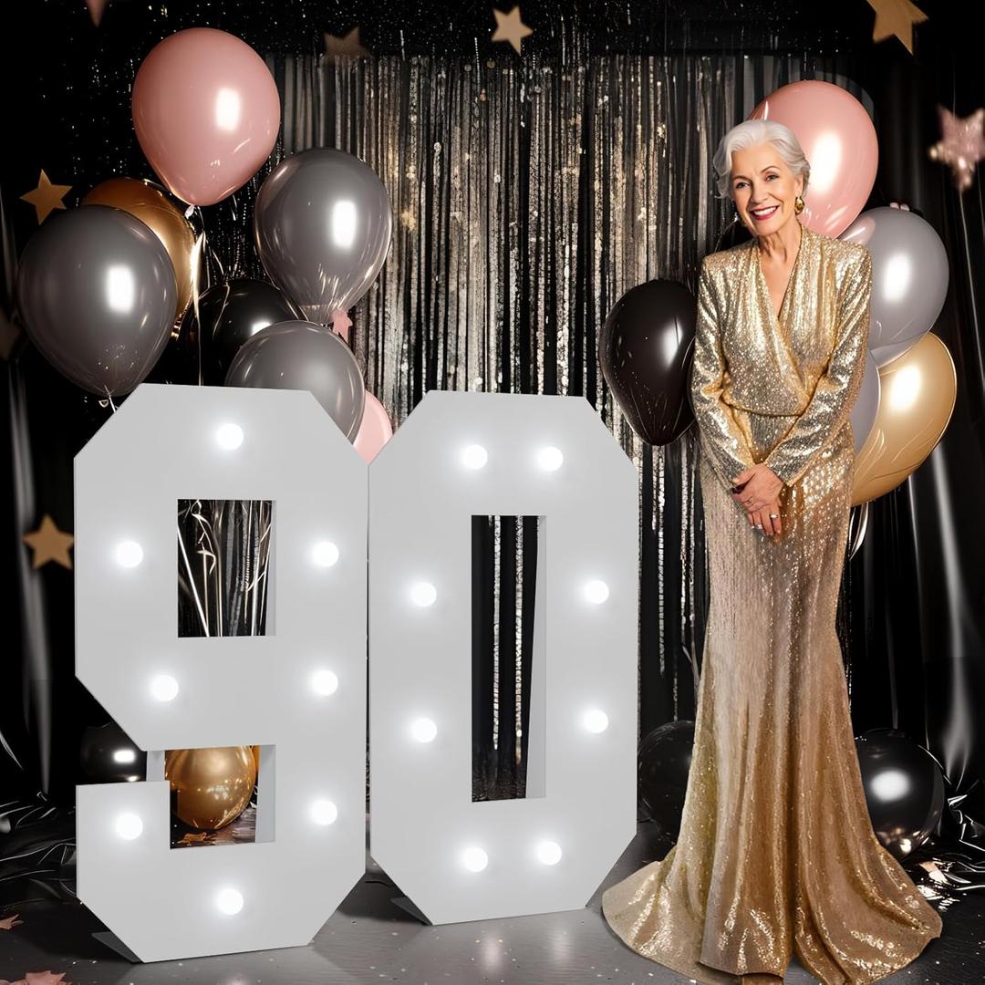 imprsv Marquee Numbers Large 90th-Birthday Decorations: 3ft Light up Number Balloon for Party Big 90 Year Old Women Men Birthday Decoration Anniversary Foam Board Wall Number 90