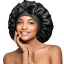 Double-Sided 22 Momme 100% Real Mulberry Silk Bonnet for Sleeping Women, Large Hair Care Bonnet for Long Curly Hair, Double Layer Silk Wrap with Soft Elastic Band, Non-Slip Sleep Cap, Jet Black