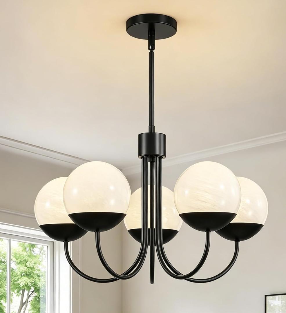 Epinl Modern Black Chandelier for Dining Room, 5 Light Globe Sputnik Chandelier, Mid Century Ceiling Light with White Glass Pendant Light Fixtures for Dining Room Kitchen Living Room Bedroom