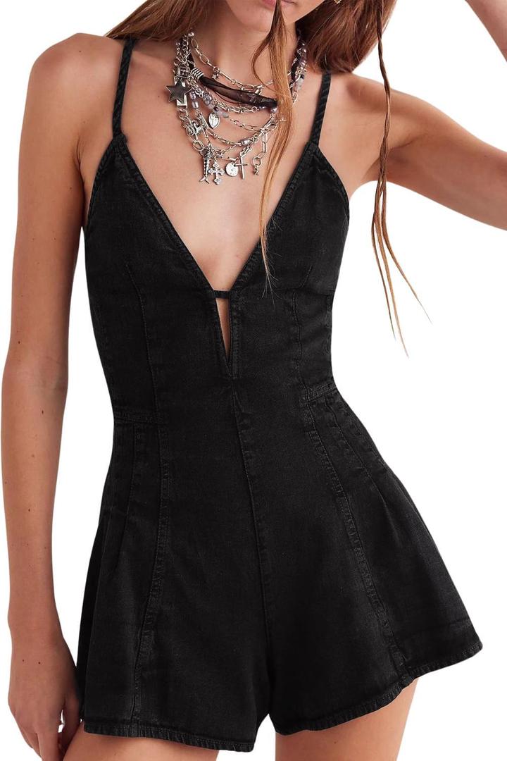 yoeasy Women's Sleeveless Deep V Neck Shorts Denim Romper Spaghetti Strap Tie Backless Ruffle Jean Overalls (Large, Black)