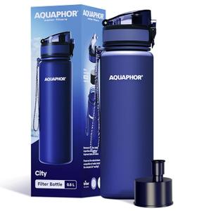 AQUAPHOR City Filtered Water Bottle in Tritan BPA-free - Portable with Integrated Water Purifying Filter 500 ml - Navy (16.9 Ounces)