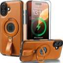 Magnetic Ring Grip Holder for iPhone 16 Case | Protective iPhone 16 Leather Case | Compatible with MagSafe | Built in Kickstand (Brown, IP 16-6.1inch)