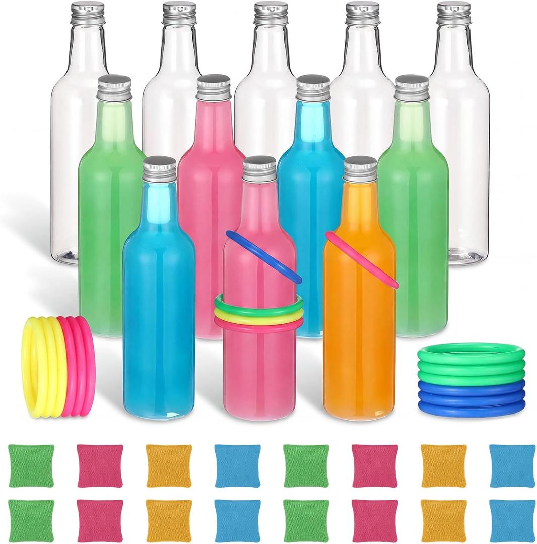 Leitee 56 Pcs Easter Ring Game Toss Happy Easter Day Plastic Bottle Labels Bean Bag Backyard with Mixed Color Rings Hoops for Adults Family Outside Sport Party