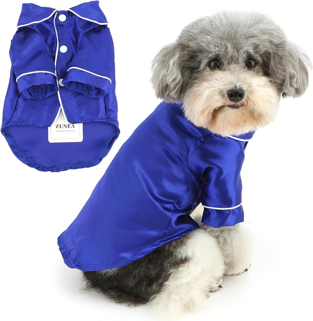 Zunea Small Dog Pajamas Shirts for Size Dogs Soft Faux Silk Lapel Puppy Sleepwear Clothes Two-Legged Indoor Pjs Shirt Outfits Chihuahua Yorkie Pet Holiday Party Apparel, Blue, S