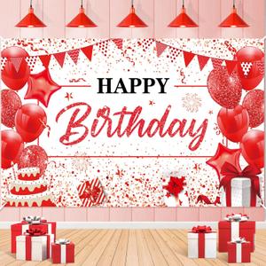 Red White Happy Birthday Banner Decorations Large Red Birthday Banner Red White Sign Backdrop Background Photography for Men Women Girls Anniversary Party Supplies 71x44 Inch