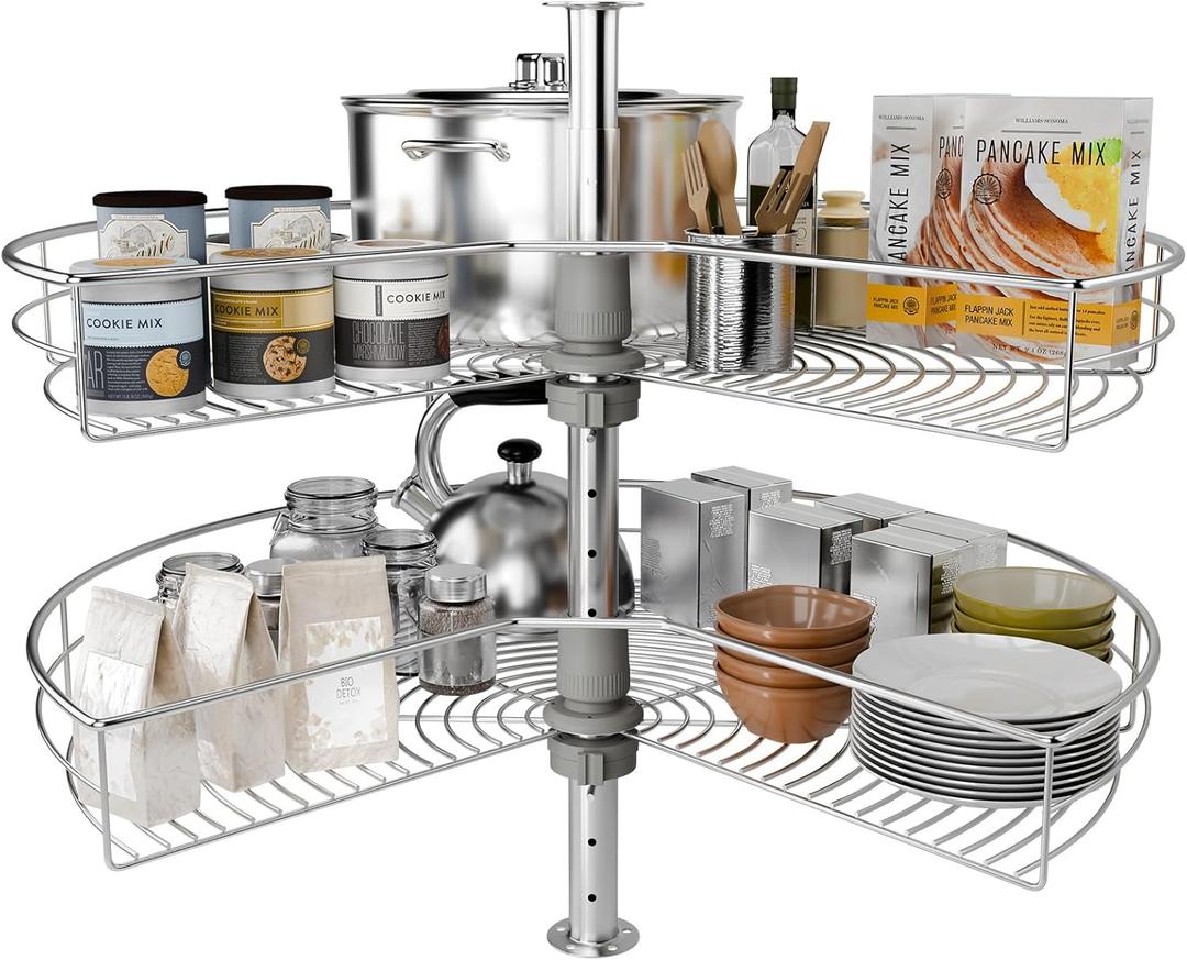 24" Corner Cabinet Turntable, 270 Rotating Basket Adjustable Height Kitchen Shelf Turntable, 2 Tier Rotating Basket 304 Stainless Steel Rotating Storage Rack for Kitchen Corner Cabinets