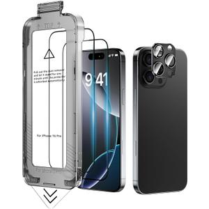 2 Pack for iPhone 16 Pro Screen Protector 9H Hardness Zero Bubble Auto-Dust Removal Installation, Dedicated to iPhone 16 Pro/16Pro Max Camera Lens Protector Metal[1 Pack] Full Coverage Protection