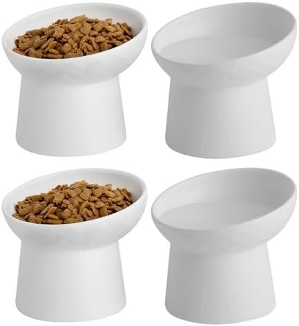 KITCHENLESTAR 4 Pcs Small Ceramic Raised Cat Bowls, Tilted Elevated Food or Water Bowls, Stress Free, Backflow Prevention, Dishwasher and Microwave Safe, Lead & Cadmium Free(4pc White)