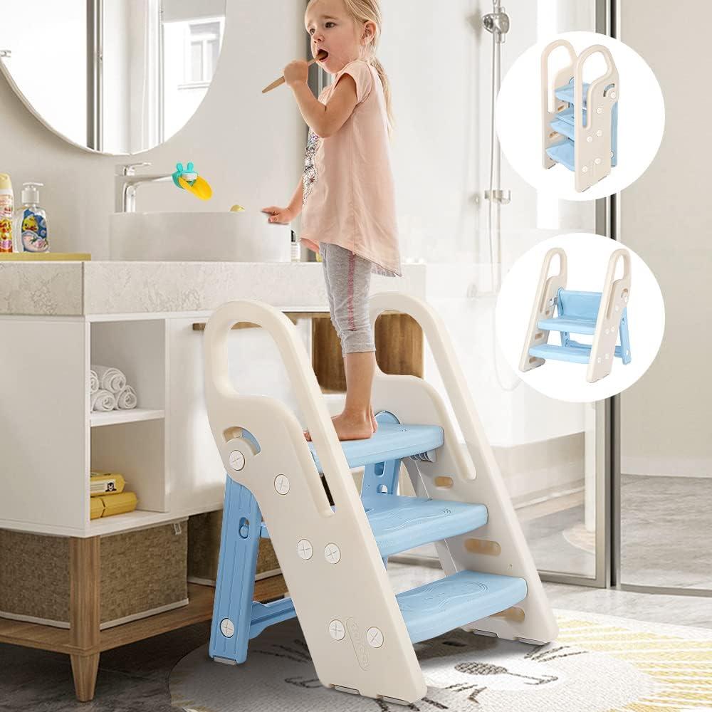 Onasti Foldable Step Stool for Bathroom Sink, Adjustable 3 Step Stool for Kids Toilet Potty Training Stool with Handles, Child Kitchen Counter Stool Helper, Plastic Ladder for Toddlers (Blue)