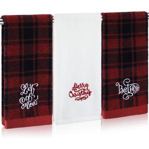 3 Pcs Christmas Farmhouse Hand Towels for Bathroom 14x29 Inch Red and Black Buffalo Check Plaid Rustic 100% Cotton Embroidered Kitchen Towels for Bath Dish Xmas Winter Gifts Decorations