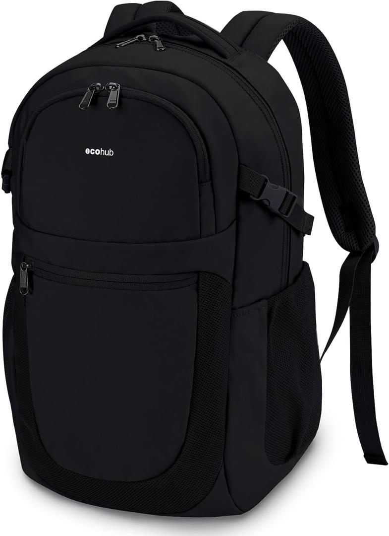 ECOHUB Travel Backpack for Men Women, 17.3 inch Suspended Laptop Backpack, Fashion Water-Resistant College Computer Bookbag, 28L Personal Item Bag with 12 Pockets for Causal, Work, Black
