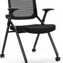 Foldable Office Chair with PU Wheels and Smooth Armrest-Ergonomic Mesh Bouncing Back, Stackable Conference Room Chair, Office Guest & Reception & Meeting Chair (Black)