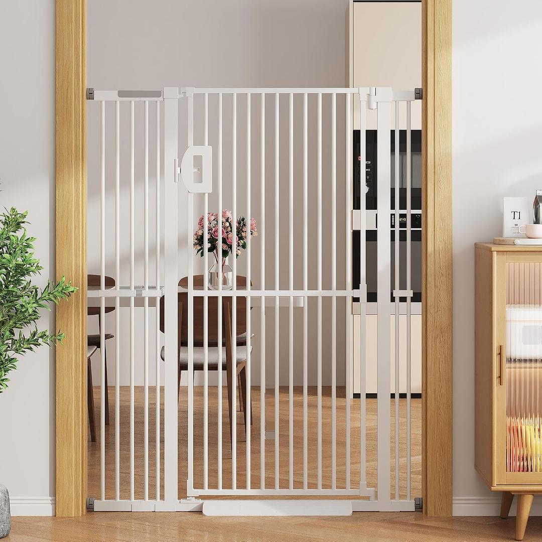 Jekriuet 57" Extra Tall Pet Gate, Auto Close Dog Door Pressure Mounted No Drilling for Doorways, Hallways, Stairs, Expandable 27.5"-38.5" Wide, Narrow 1.18" Spacing for Small Dogs & Puppies, White
