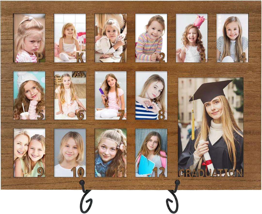 FramePro School Years Picture Frame Pre K to 12 Wooden Graduation Gift Collage Frame with Stand Easel, Displays One 4x6 and Twelve 2x3 Wallet Photos