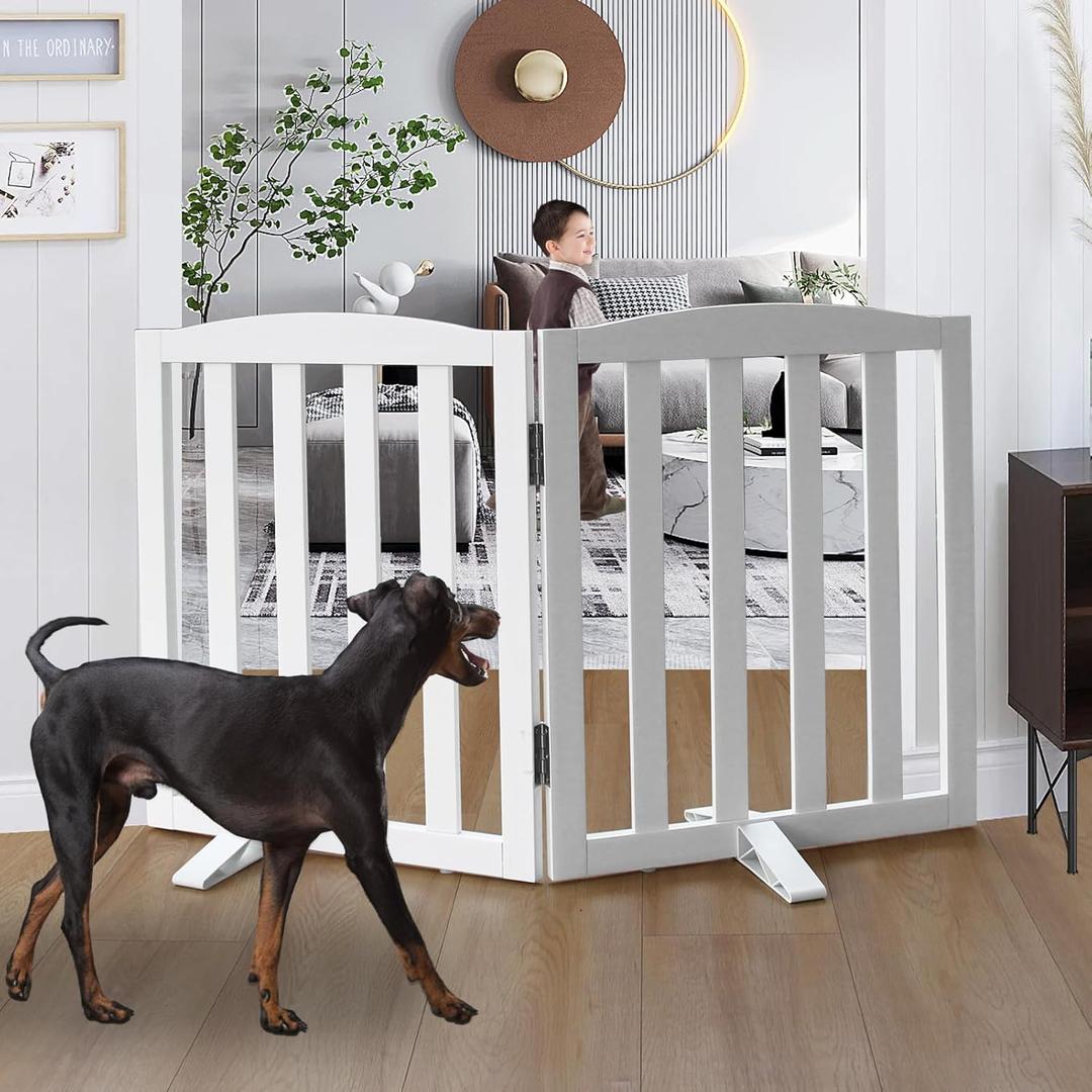 Freestanding Dog Gate Indoor, Doggie Gate Foldable Dog Gates for Doorways,Stairs or Hallways, Wooden White Pet Gate for The House, Pet Fence with Support Feet Included,24 "Height-2 Panels