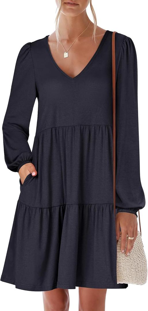 ANRABESS Womens Long Sleeve Dress 2026 Fall Casual V Neck Tiered Flowy Short Dresses Spring Beach Travel Vacation Clothes (X-Large, Navy Blue)