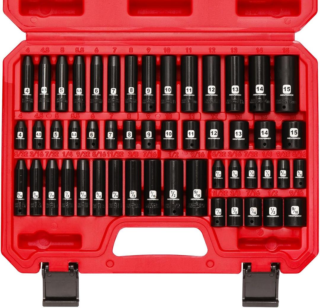 MIXPOWER 50 Pieces 1/4" Dr. Impact Socket Set, CR-V, 6 Point, SAE/Metric, 5/32 Inch - 9/16 Inch, 4mm - 15mm, Shallow/Deep