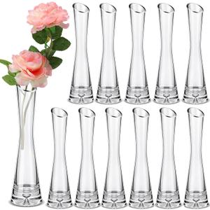 12 Pcs Glass Bud Vases for Centerpieces, 7.87 Inch Maria Bud Vase Clear Slant Vase Small Skinny Decorative Slim Single Flower Vase for Wedding Party Event Home Office Decoration