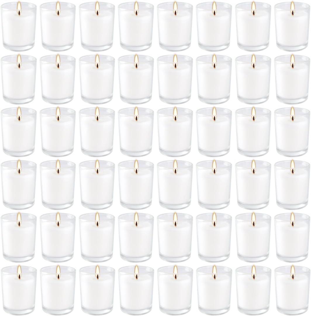 YOROXRG 48 Pack White Unscented Clear Glass Filled Votive Candles. Hand Poured Wax Candle Ideal Gifts for Home Dcor Parties Weddings Holidays and Meditation (White)