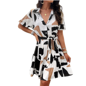 Women's Summer Casual Shirt Dress Short Sleeve V Neck Tie Waist Button Down Mini Dress Size XL