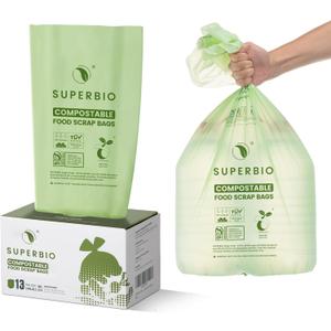 SUPERBIO 13 Gallon Compostable Kitchen Waste Bags, 50 Count, 1 Pack, Flat top Food Scrap bags, Certified by BPI and OK compost INDUSTRIAL, 49.2L, 0.87 Mil