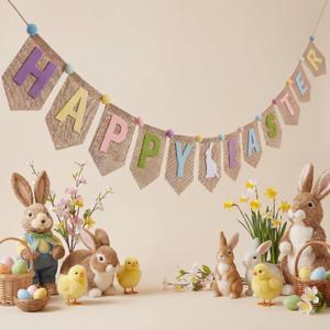 Haull Easter Burlap Banner Happy Easter Bunting Garland Bunny Banner Decoration with Pom Poms Felt Signs Rustic Spring Decor for Spring Birthday Egg Hunt Home Office School Party Supplies(Happy)