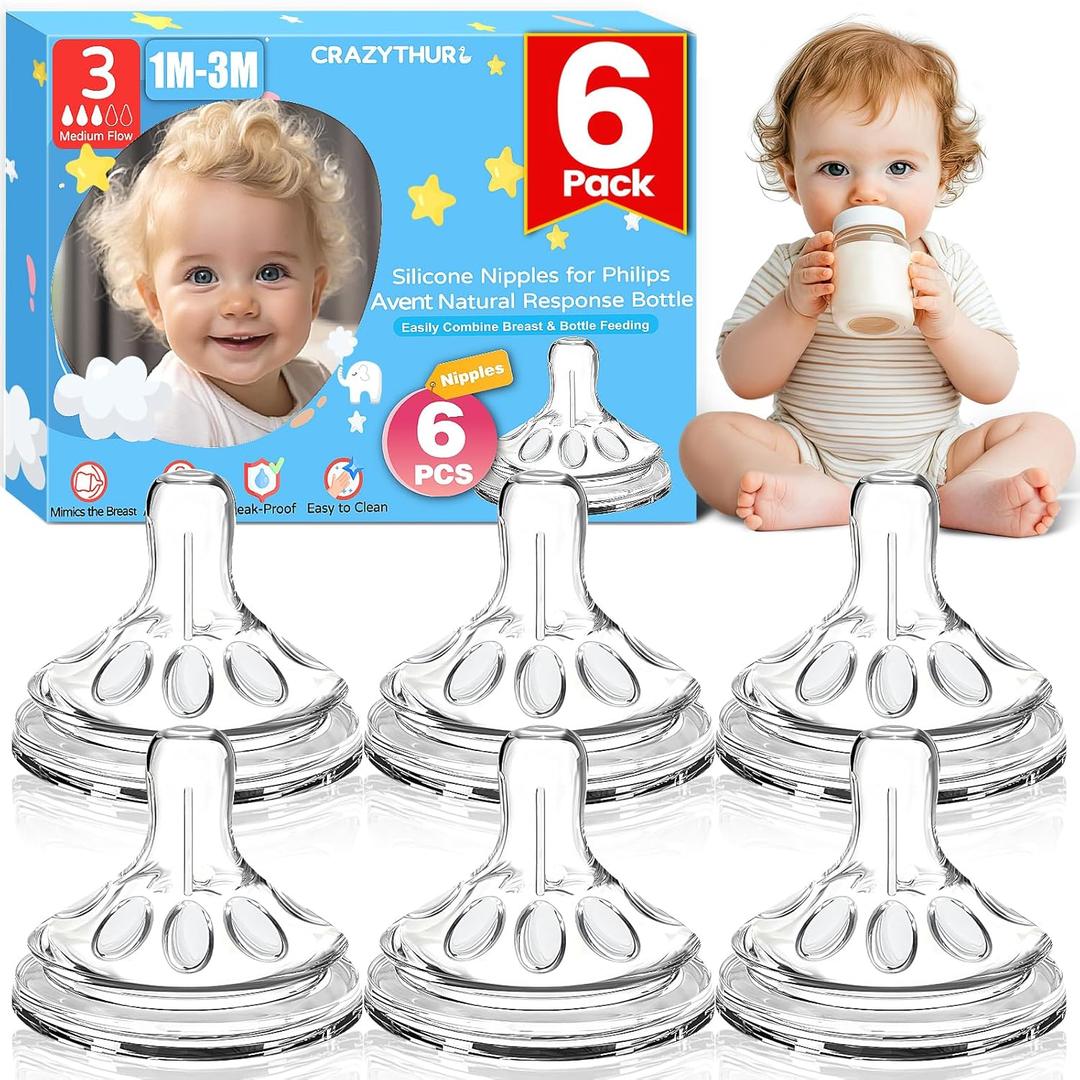Nipples for Philips Avent Natural Baby Bottles (6 Pack), 100% Food Grade Silicone Replacement Nipples Size 3 (Medium Flow), 1m+, Leak-Proof, BPA-Free