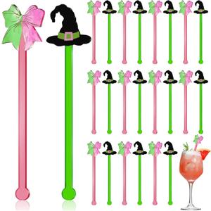 24 Pcs Witch Party Supplies Pink and Green Acrylic Drink Stirrers 5.9 Inch Reusable Swizzle Sticks Bulk for Cocktails Coffee Bar Weddings Events Birthday Party Decoration
