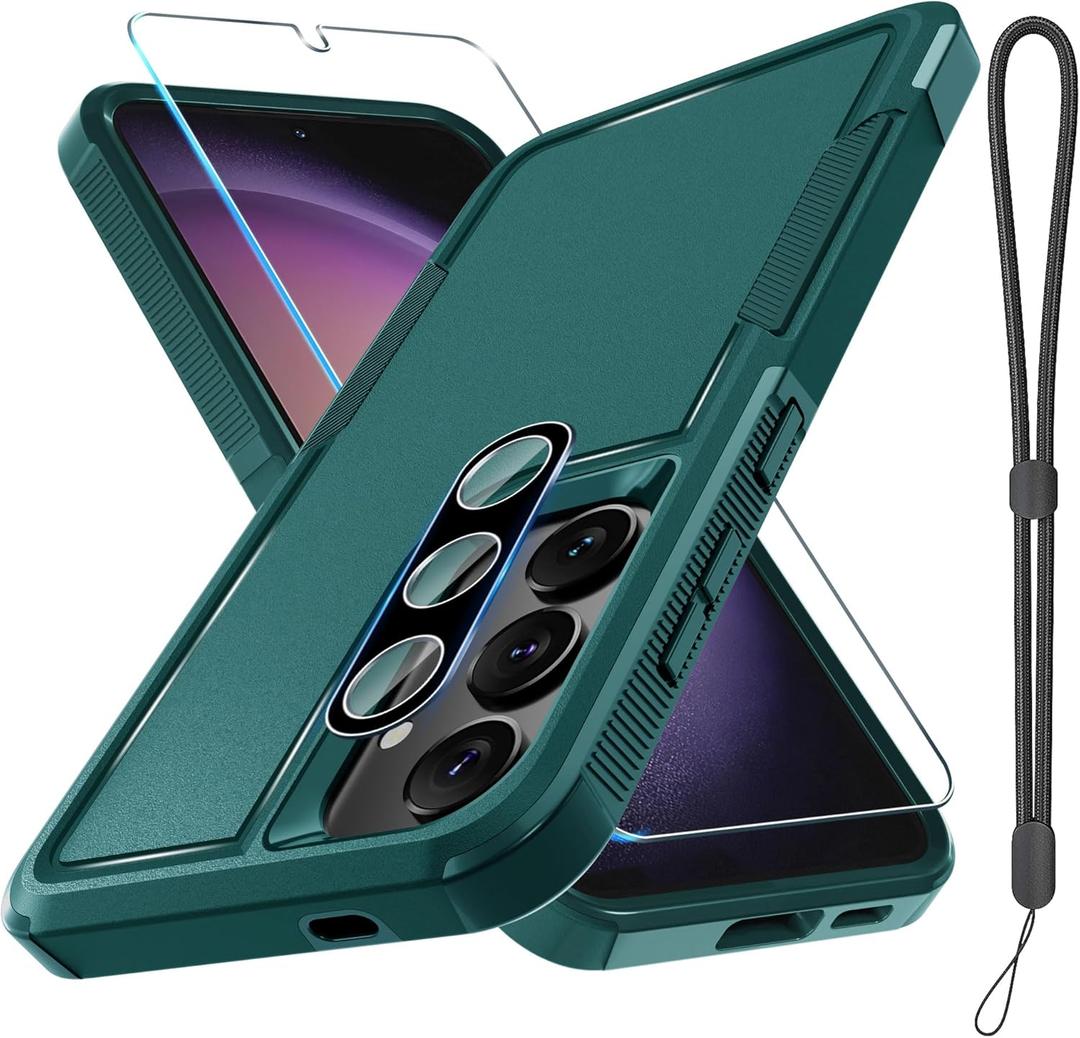 RMOCR Case for Samsung Galaxy S25, Full Body Heavy Duty Rugged Shockproof Protective Phone Cover with Lanyard Strap, Tempered Glass Screen Protector and Camera Lens Cover, Dark Green