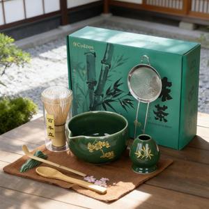 Matcha Whisk Set, 8 Pcs Gold Plum Blossom Matcha Kit for Japanese Tea Ceremony, Ceramic Bowl with Spout, Bamboo Whisk, Spoon, Scoop, Sifter, Towel, Gift for Beginners and Matcha Lovers(Green)