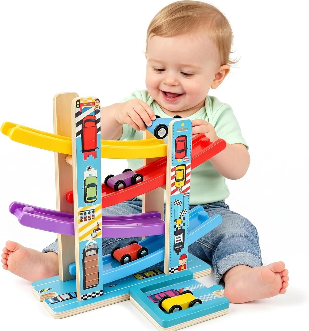 Montessori Toys for Toddlers, Children Race Track Toy with 4 Cars and 1 Wooden Parking Lot, Stable Base, Car Ramp Toy for 1 2 3 Year Old Boy Girl Gifts