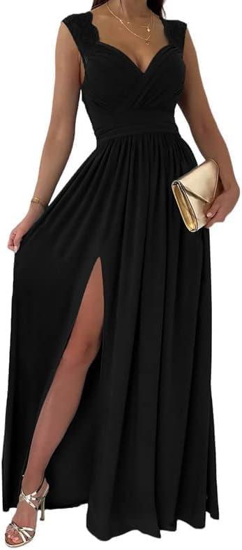 Womens 2025 Formal Dresses Wrap V-Neck Ruched Sexy Bridesmaid Wedding Guest Maxi Dresses (Small, Black)