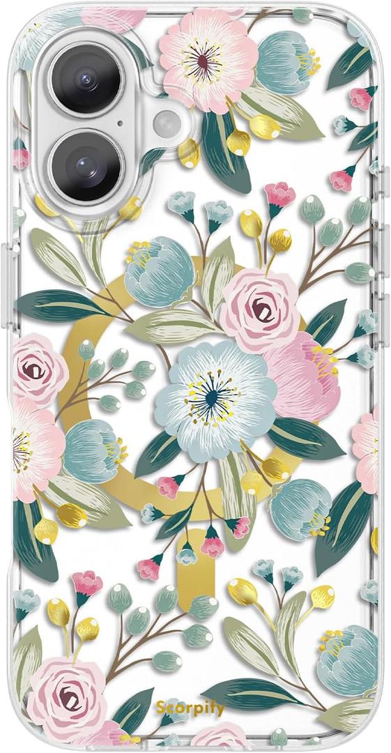 SCORPIFY for iPhone 16 Plus Case [Compatible with MagSafe] with Hibiscus Floral Design, Cute Clear Flower Magnetic Phone Cover for Women Girls, [Non Yellowing] Slim Bumper with Gold Accents