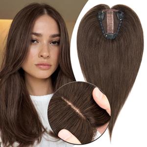 MY-LADY Human Hair Toppers for Women Real Human Hair Pieces Thin 8 * 10CM Silk Base with Lace Clip in Remy Hairpieces Hand-Tied Light Weight 10 Inch Dark Brown