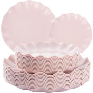 LIYH 24 Pcs Pink Plates Reusable, Pink Plastic Scalloped Plate Durable and Dishwasher Safe,Baby Shower Plate, Light Weight Daisy Plastic Wavy Plates for Wedding Party Birthday (24(12 Guests))