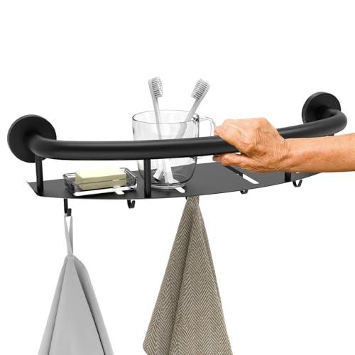 Munzong 18 Inch Shower Grab Bar w/Storage Shelf, Black Stainless Steel 2 in 1 Bathroom Balance Bar, Safety Hand Rail Support Senior Assist Bath Handle