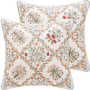 ISAENNE Design Linen Throw Pillow Covers 18"x18" Pack of 2, Square Farmhouse Cushion Covers with Red Pink Yellow Watercolor Wildflower Pattern Decor Pillowcases for Bed,Living Room,Outdoor,Car