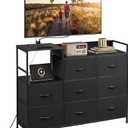WLIVE Black TV Stand with Charging Station, Entertainment Center with 8 Fabric Drawer, TV Media Console Table Open Storage Shelves, Wood Top for Living Room, Hallway, Black 95x37x90cm