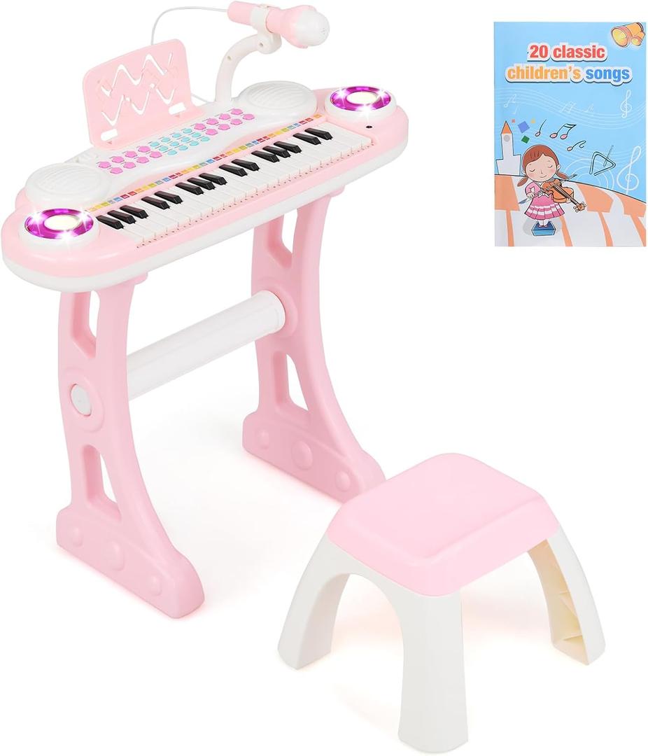 HONEY JOY Pink Kids Piano, 37-Key Kids Keyboard Piano w/ Book, Music Stand & Bench, Microphone, Lights, Portable Electronic Educational Musical Instrument, Gift for Girls Boys