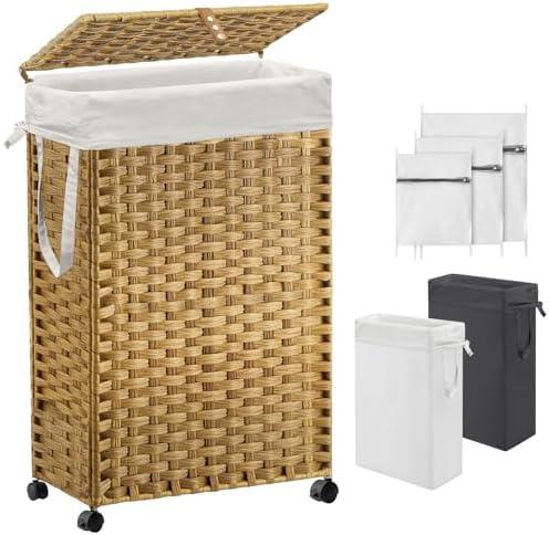 70L Slim Laundry Hamper with Lid & Wheels, Rolling Laundry Basket with 2 Removable Liner Bags & 3 Mesh Bags, Narrow Dirty Clothes Basket, Foldable Handwoven Rattan Laundry Sorter, Natural