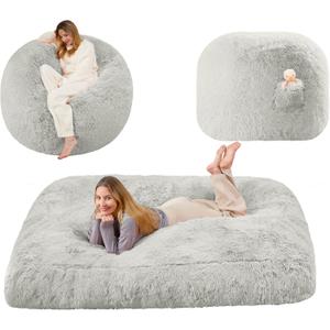 Bean Bag Bed Giant Bean Bag Chairs for Adults, Large Floor Mattress Convertible Sofa Bed, Big Bean Bag Chairs Couch, Removable Sofa Bed Chair Foam Filling, Machine Washable, Full, Light Gray (White Grey)