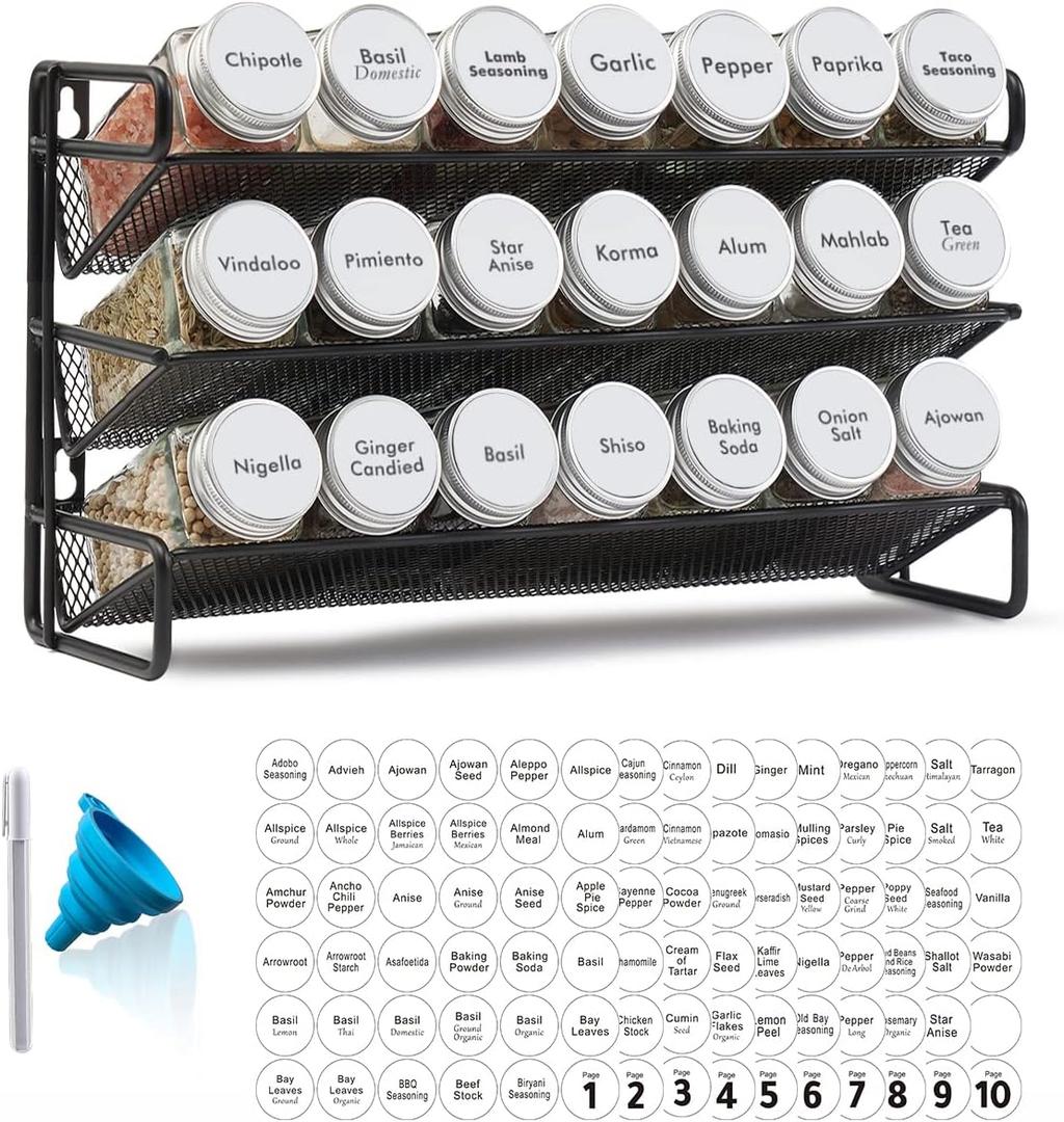 SpaceAid Spice Rack Organizer with 21 Spice Jars, 386 Spice Labels, Chalk Marker and Funnel Set for Cabinet, Countertop, Pantry, Cupboard or Door & Wall Mount - 21 Jars, 13.4" W 9" H, White