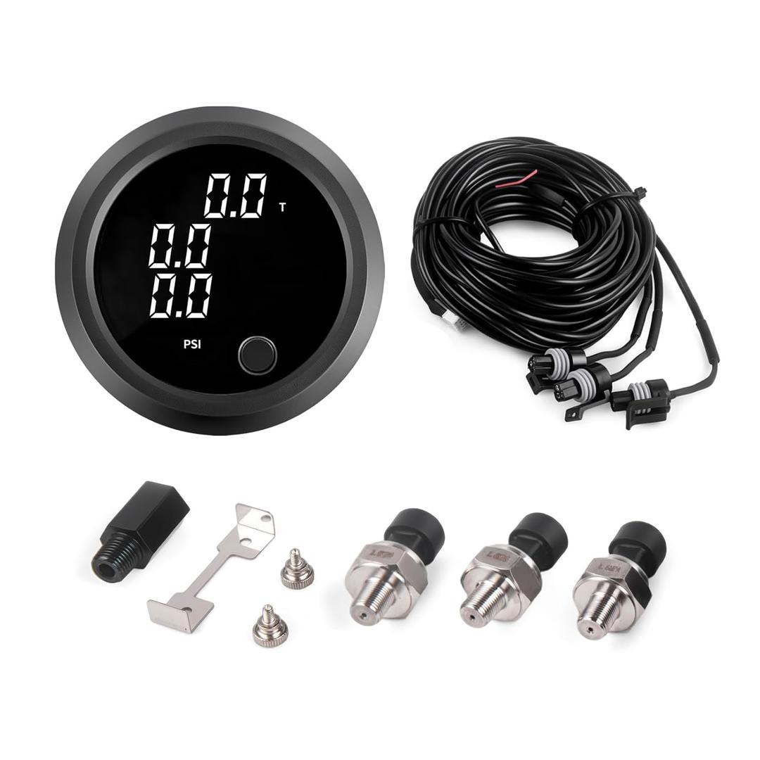 Air Bag Pressure Gauge Three Digital Display 0-232PSI (16BAR) for Air Ride Suspension System with 3PCS 1/8NPT Electrical Sensors with 1/8NPT to 1/4NPT Fitting 2-1/16" (52mm) White LED