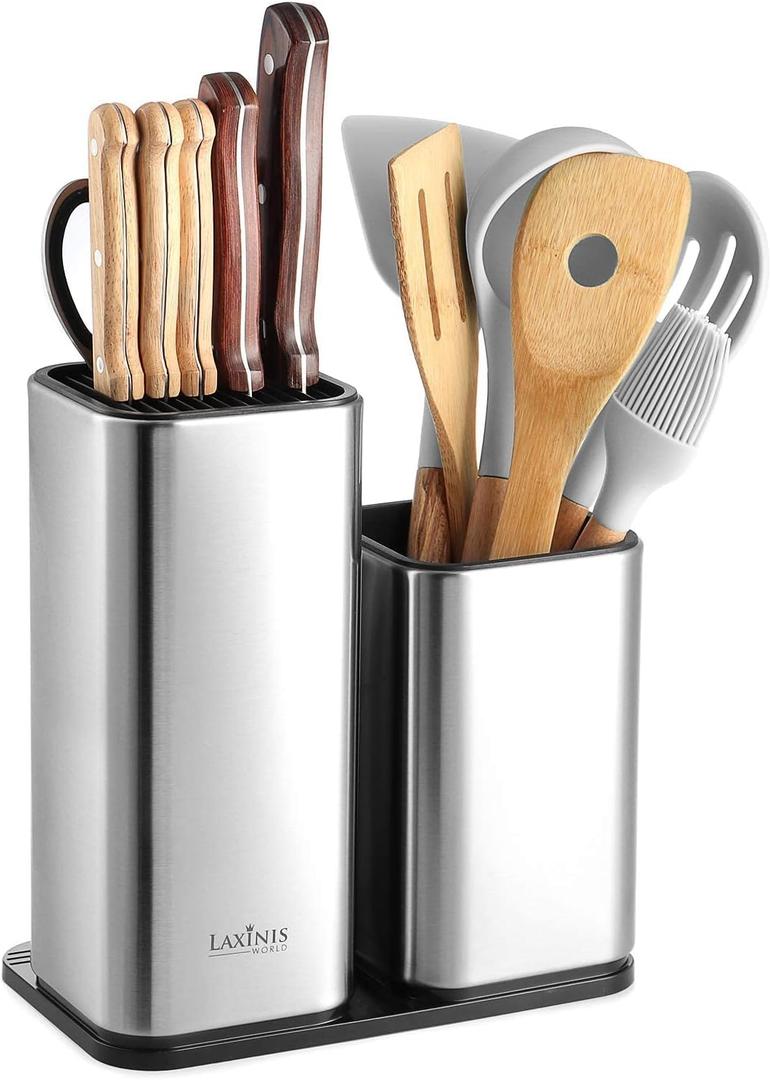 Knife Holder and Utensil Holder - Stainless-Steel Modern Rectangular Design Universal Knife Block and Kitchen Utensils Organizer for Counter-top