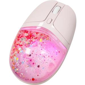 elec Space Wireless Bluetooth Mouse -Cute Clear Aqua Design, Glitter Liquid Sand Water Mouse with Optical Precision, Silent Clicks, LED Breathing Light,Transparent Retro Style for Home Office (Pink)
