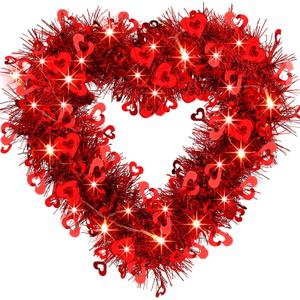 2 Pcs Valentine s Day Wreaths with Lighted- 14'' Heart Wreaths for Front Door Valentines Decorations Heart Shaped Tinsel Wreath and 20 LED Light for Wedding Proposal Engagement Party (Classic Style)