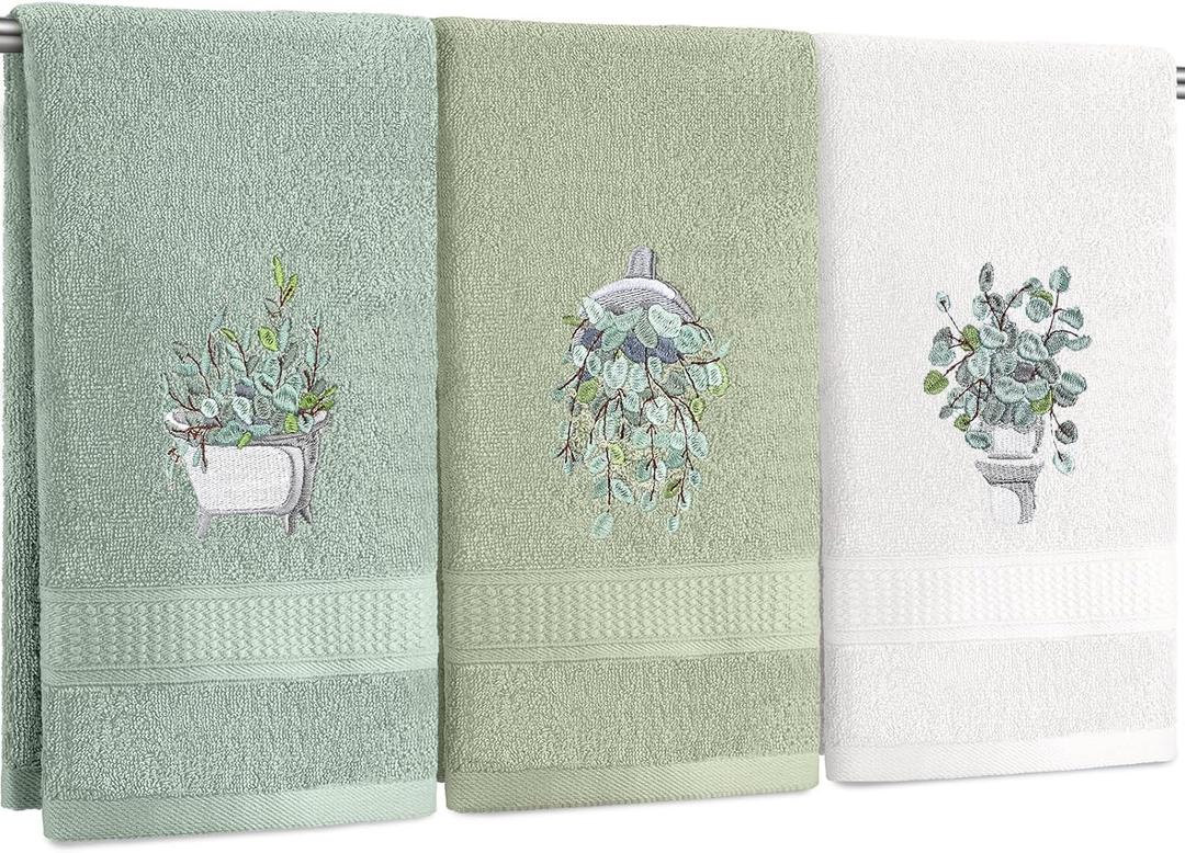 3 Pcs Eucalyptus Hand Towels Farmhouse Embroidered Botanical Bathroom Decor 13.3x29.5 Inch Farmhouse 100% Cotton Decorative Green Leaves Hand Towels for Bathroom Kitchen (Nature Color)